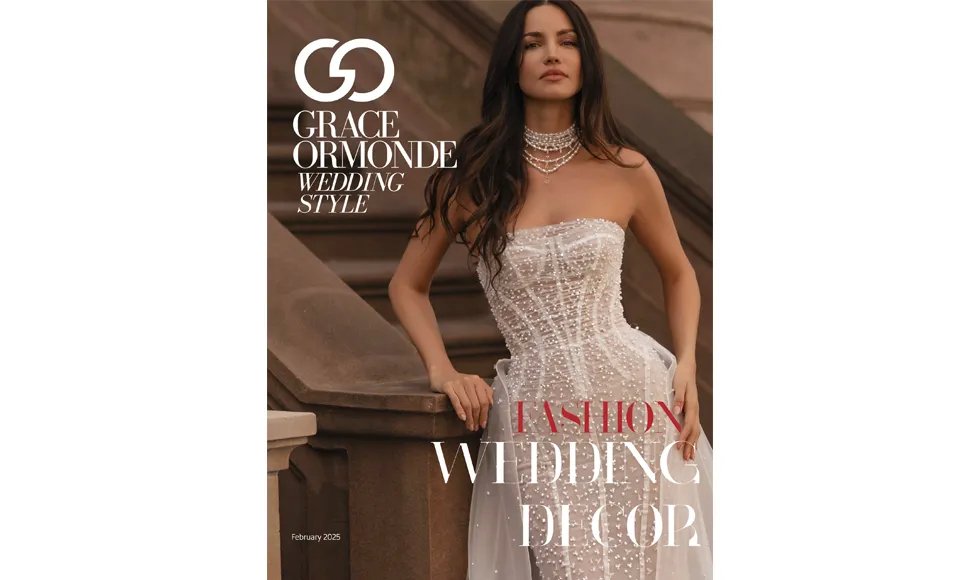 Press clipping: Grace Ormonde Wedding Style February 2025 cover featuring a bride wearing a beaded white wedding dress.