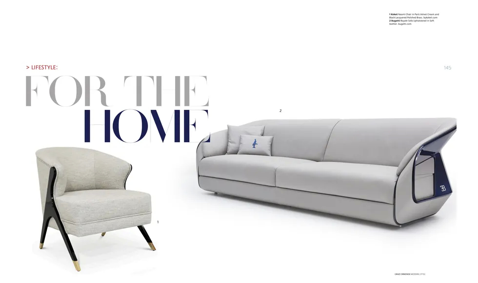 Press clipping Grace-Ormonde-Wedding-Style, featuring a Naomi Chair and a Bugatti Royale Sofa in a For the Home spread.