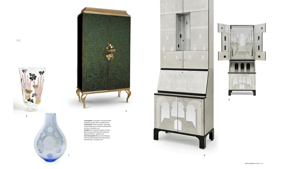 Press clipping Grace-Ormonde-Wedding-Style, featuring the Divine Peacock Feather Armoire, a mirrored cabinet, and vases.