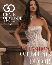 Press clipping: Grace Ormonde Wedding Style February 2025 cover featuring a bride wearing a beaded white wedding dress.