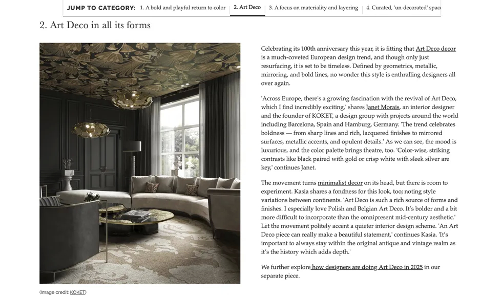 Press clipping from Homes-and-Gardens, February 2025, featuring a luxurious Art Deco living room with a Heavenly Sofa.