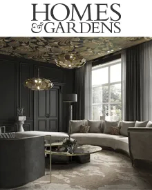 Homes & Gardens February 2025 magazine cover featuring a luxurious living room with a curved sofa and elegant lighting.
