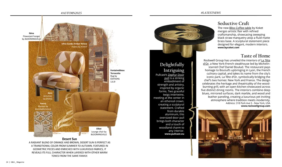Bliss Coffee Table by KOKET featured in Italian magazine G&G, luxury brass and marquetry design piece