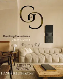 Modern Italian living room interior with neutral tones and sculptural furniture, featuring GG Italy’s Autumn 2025 ‘Liberty Reverie’ collection campaign.