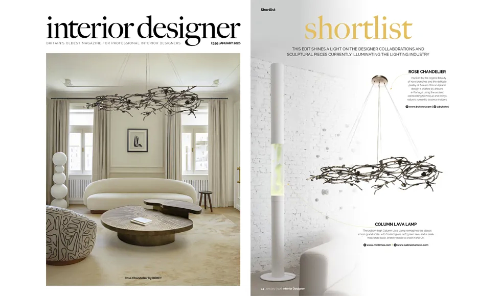 Rose Chandelier by KOKET featured in Interior Designer UK January 2026 shortlist, highlighting sculptural craftsmanship and contemporary luxury lighting design.