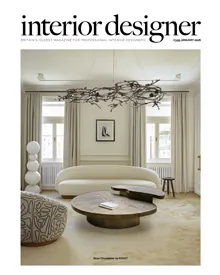 Interior Designer UK January 2026 cover featuring a refined living room with the Rose Chandelier by KOKET, showcasing sculptural lighting and contemporary luxury interior design.