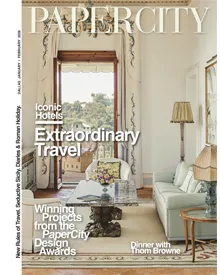 PaperCity magazine cover featuring a bright, classic living room interior with layered seating and neutral décor—KOKET featured in a luxury interior design and décor editorial.