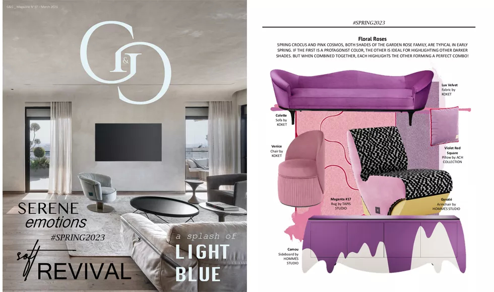 Double-page article from G&G magazine, March 2023, Floral Roses, featuring a purple Colette Sofa and a spring mood board.