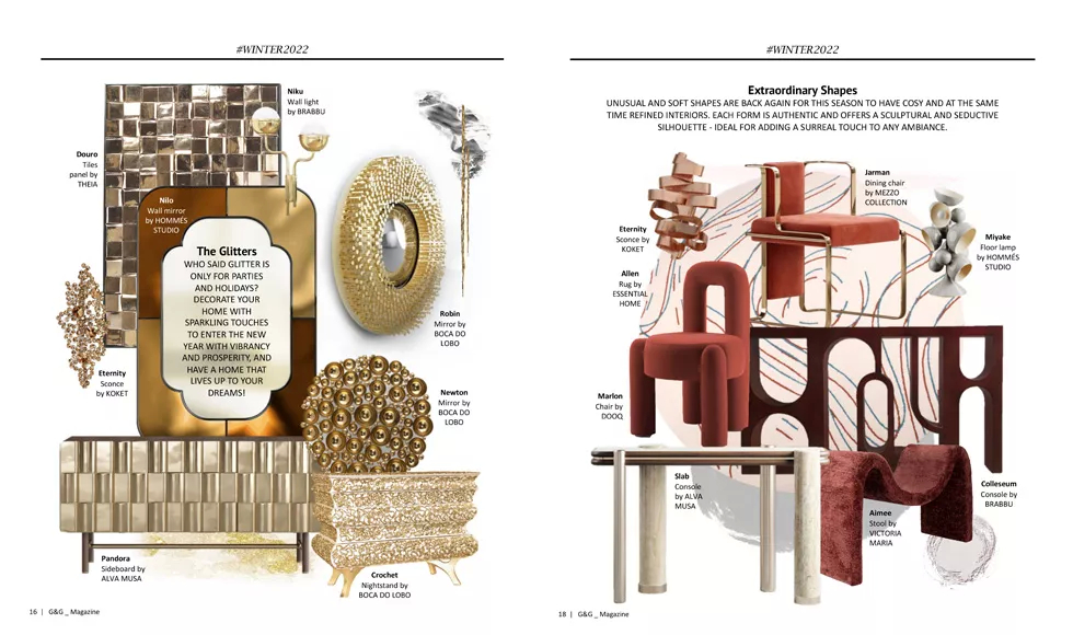 Double-page article from G&G magazine, Jan 2023, showcasing a luxurious bathroom with Koket's Chloe Sconce.