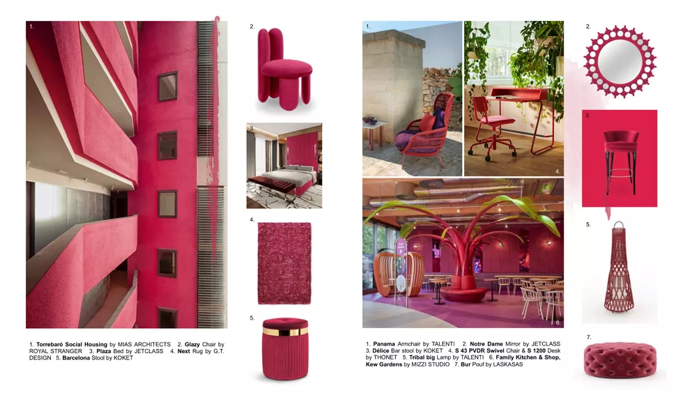 Double-page article from G&G magazine, Jan 2023, showcasing bedroom furniture, including Koket's Isabella Fabric Stool.
