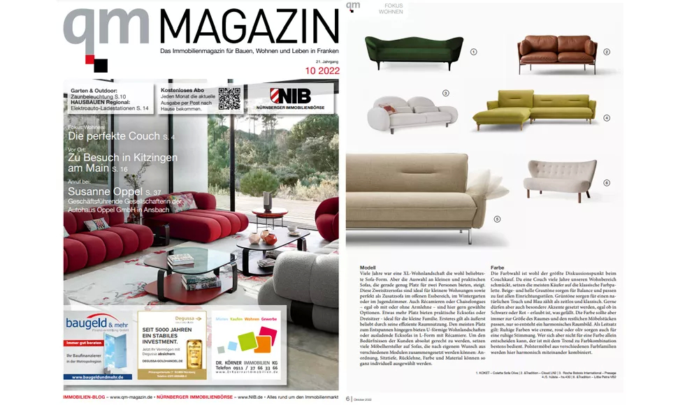 Press clipping from QM Magazine featuring Koket's Colette Sofa and other furniture, showcasing various sofa styles.