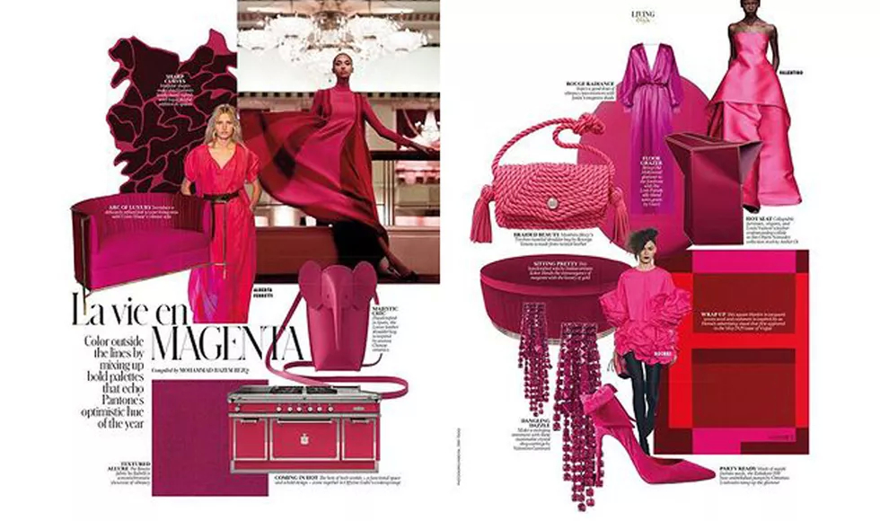 Vogue Arabia magazine spread with a La vie en Magenta theme, featuring various pink fashion items and a Koket sofa.
