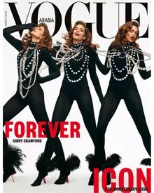 Vogue Arabia cover featuring three images of Cindy Crawford in black bodysuits and layered pearl necklaces.