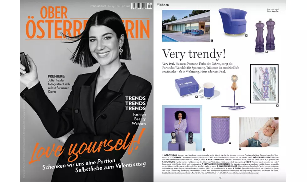 An Oberösterreicherin magazine spread with a cover featuring a smiling woman and an article about purple trends, showcasing Koket's Besame Chair.