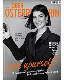 The Oberösterreicherin magazine cover features a smiling woman in a black jacket, with "Love yourself!" text.