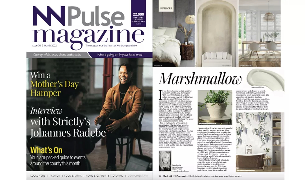 An NN Pulse Magazine spread features an interview with Johannes Radebe and a "Marshmallows" interior design article.