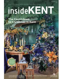 The insideKENT magazine cover showcases a festive Christmas scene, highlighting "The Countdown to Christmas in Kent."