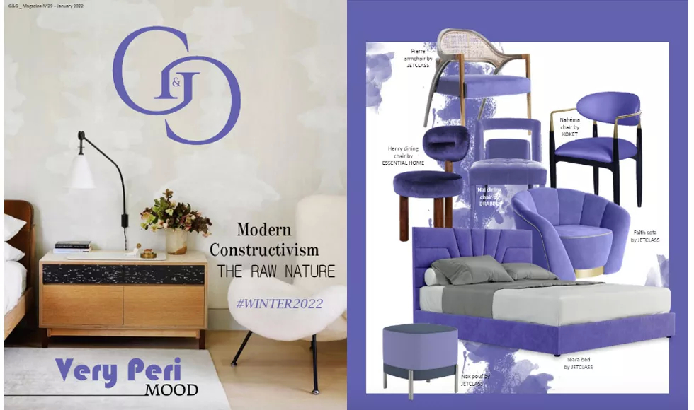 An interior design magazine spread for G&G, featuring Koket's Nahéma Chair in purple, highlighting winter 2022 trends.