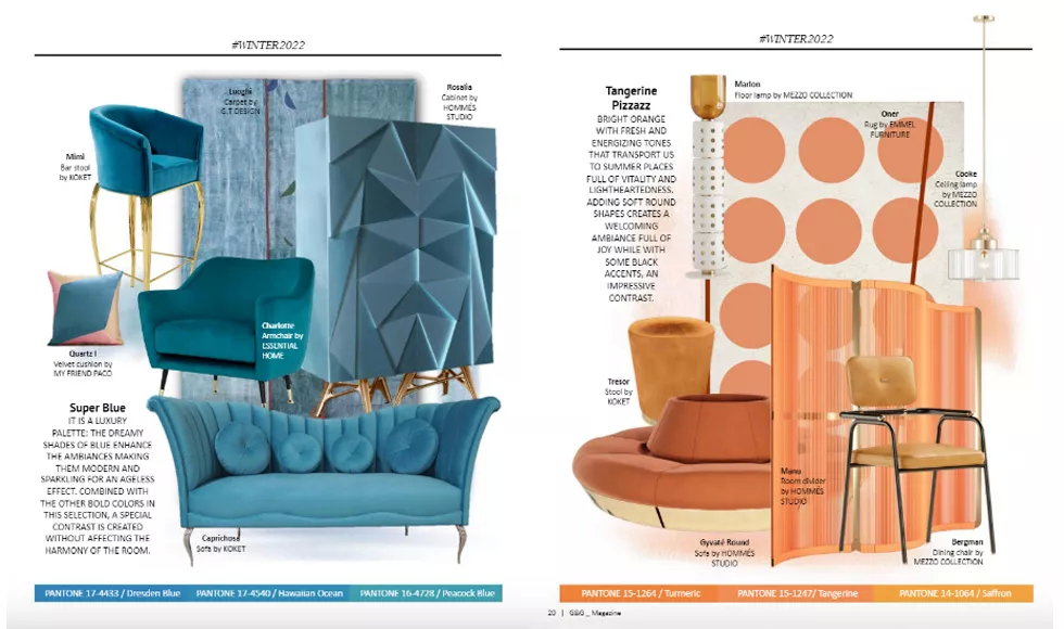 A G&G magazine spread features blue and orange interior design trends, highlighting Koket's Mimi Bar Stool.