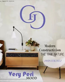 G&G press clipping featuring a bedroom with a modern nightstand and a white chair, with text Modern Constructivism.