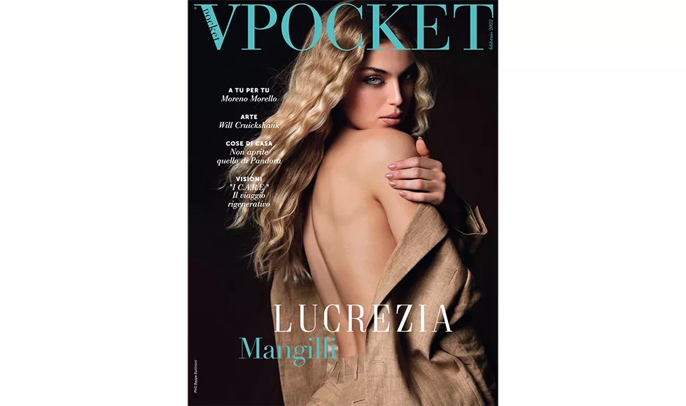 V Pocket magazine cover featuring Lucrezia Mangilli with long wavy hair, looking over her shoulder.