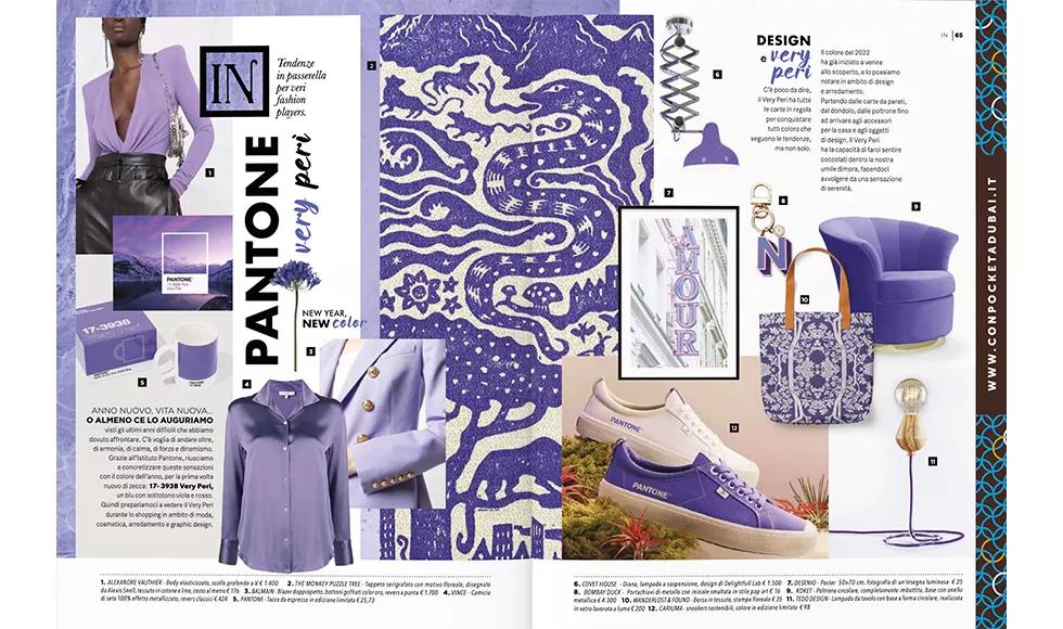 V Pocket press clipping with a fashion and design mood board in Very Peri, featuring clothing, accessories, and a Koket Besame Chair.