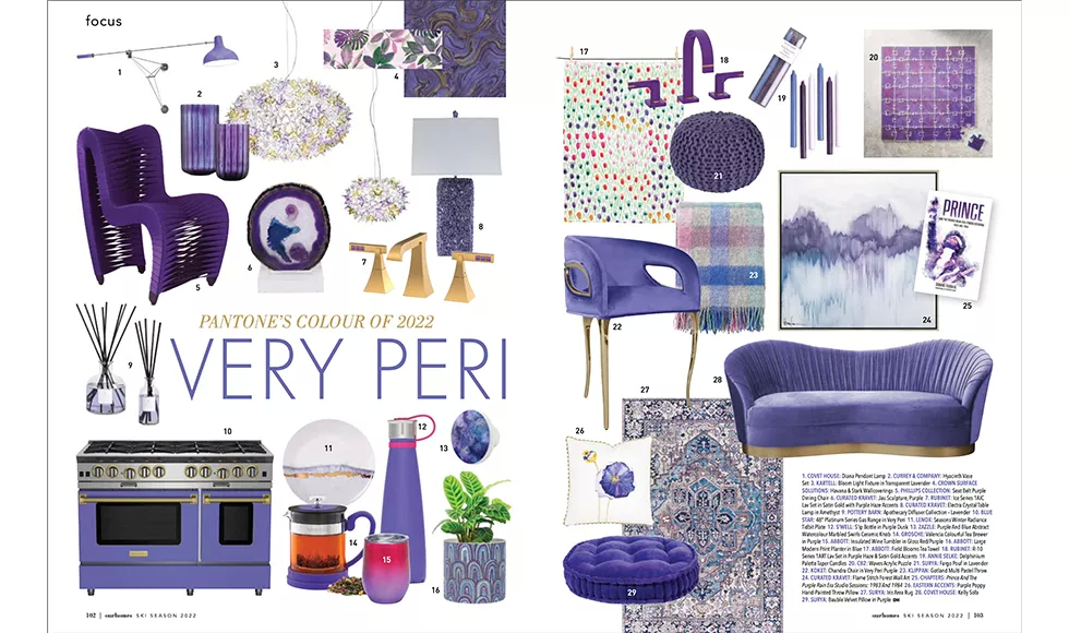 Our Homes press clipping featuring a mood board with a purple color scheme, showcasing furniture like Koket's Chandra Chair and home accessories.