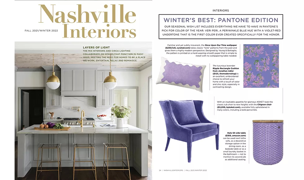 Magazine spread with Nashville Interiors, featuring a kitchen and a mood board with a J'aime press clipping and a Koket Athina Chair.