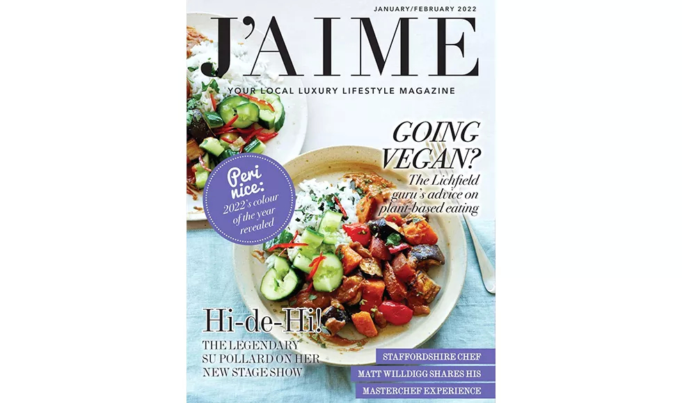 Press clipping of J'aime magazine cover with a plate of vegan food and "Going Vegan?" headline.