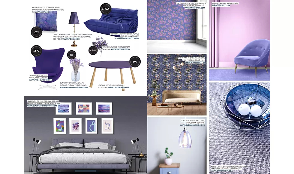 Press clipping from J'aime magazine, showcasing various purple interior items, including Koket's Aberdeen Chair.