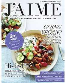 Press clipping of J'aime magazine cover with a plate of vegan food and "Going Vegan?" headline.