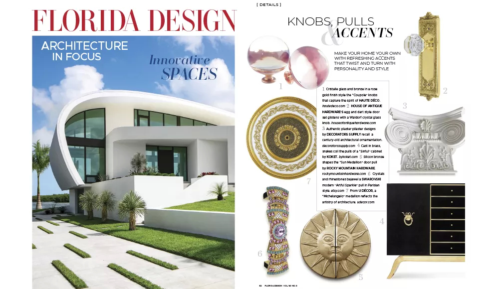 Press clipping from Florida Design magazine, featuring architectural details and Koket's Sinful Cabinet.