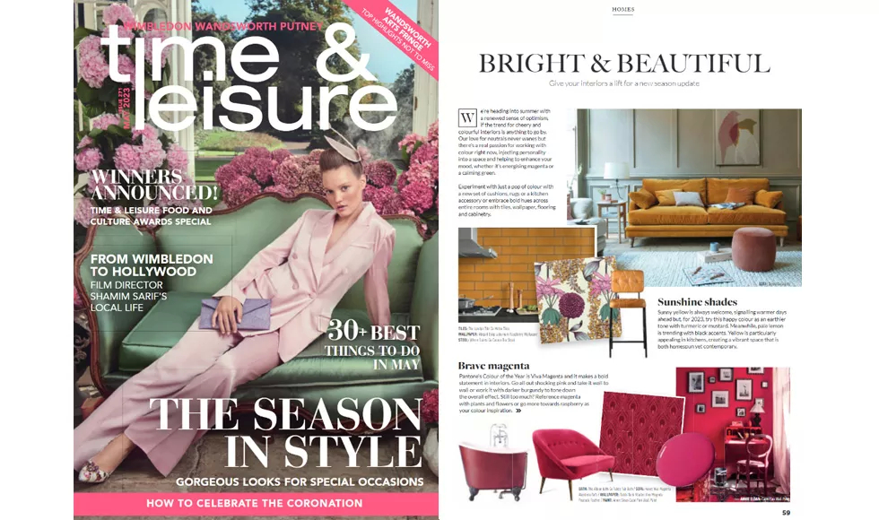 Time & Leisure magazine spread with a cover featuring a woman in pink, and an interior design article showing a Koket sofa.