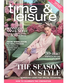 Time & Leisure magazine cover: A woman in a pink suit reclines on a green sofa surrounded by pink flowers.
