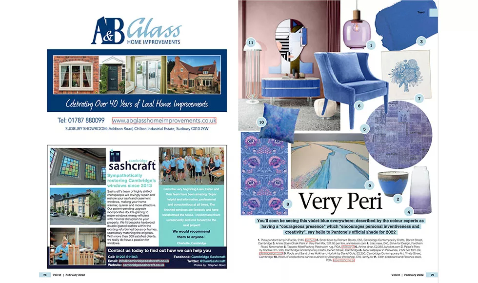 Press clipping from Velvet Magazine, featuring a Very Peri interior design theme and Koket's Chignon Chair.