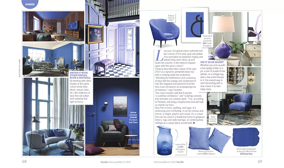 Press clipping from Vanilla magazine, featuring a blue monochromatic interior and Koket's Audrey Chair.