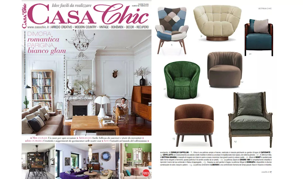Press clipping of Casa Chic magazine, featuring Koket's Bloom Armchair & other chairs.