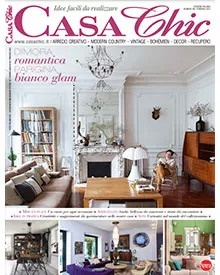 Casa Chic magazine cover, featuring a romantic, glamorous white room with a classic fireplace and chandelier.