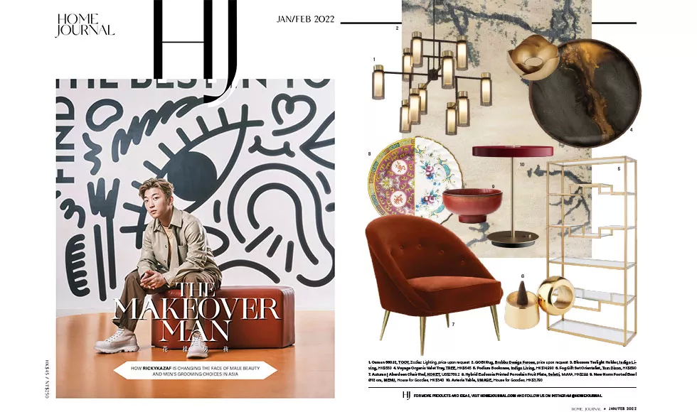 Home Journal spread, Jan/Feb 2022, features The Makeover Man and diverse home decor including a brown velvet chair.