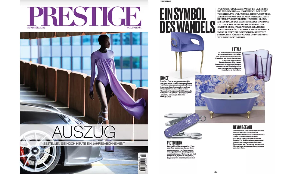 Prestige magazine spread, Summer 2022, features Koket's Chandra Chair as a symbol of change.