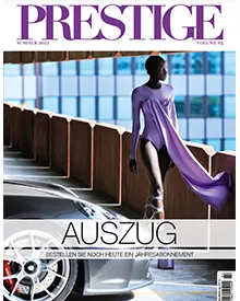 Prestige magazine cover, November 2022, features a model in purple with a luxury car.