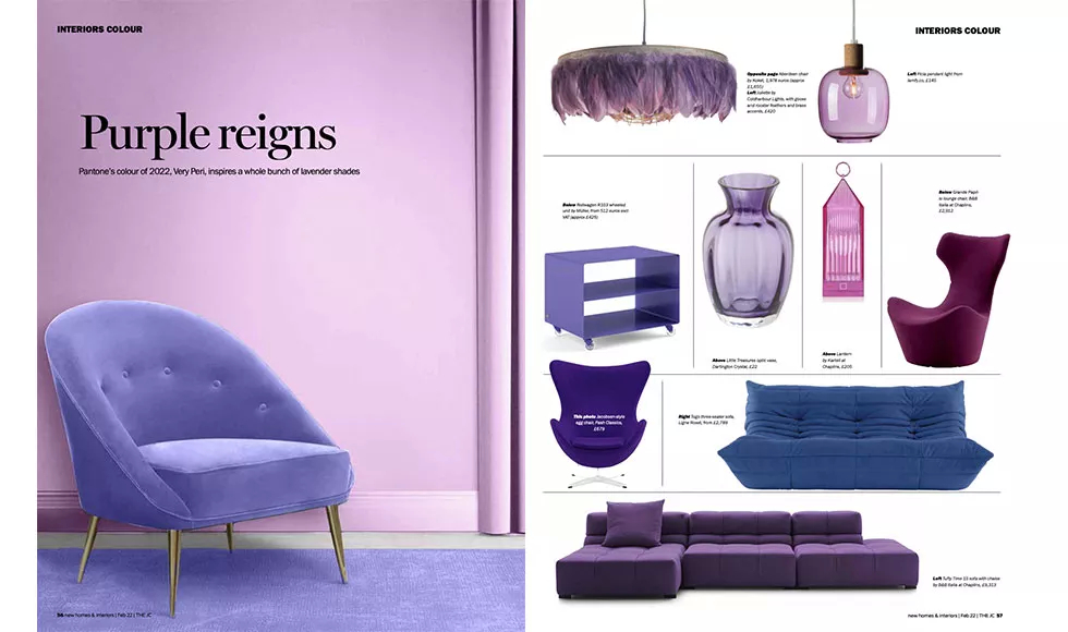 The Jewish Chronicle, New Homes & Interiors, features Purple Reigns trend with Koket's Aberdeen Chair.