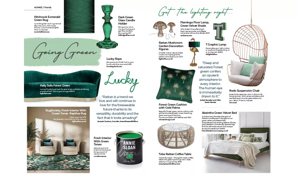 Wherever magazine spread on Going Green home decor, featuring Kelly Sofa Forest Green by Koket.