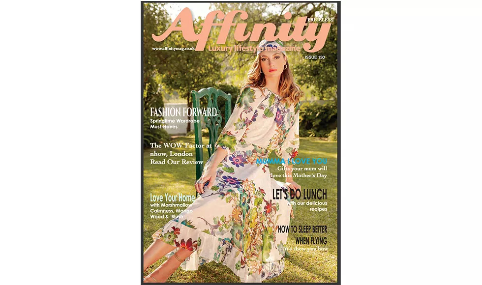 Magazine cover of Affinity featuring a woman in a floral dress seated outdoors, with various lifestyle headlines.