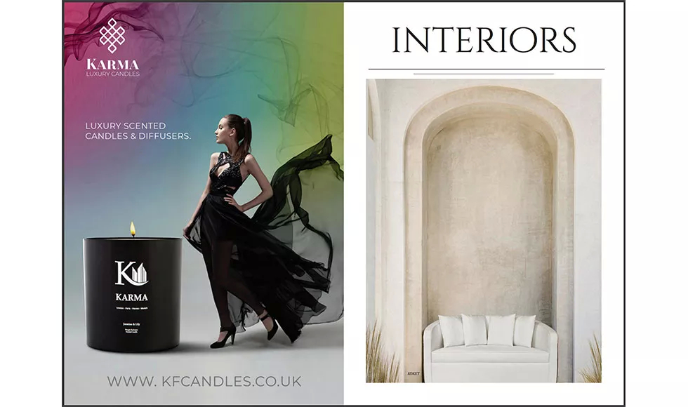 Press clipping from Affinity magazine, showcasing Karma Luxury Candles and diffusers, with an INTERIORS section featuring a white sofa.