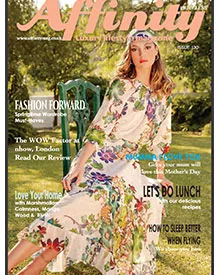 Magazine cover of Affinity featuring a woman in a floral dress seated outdoors, with various lifestyle headlines.