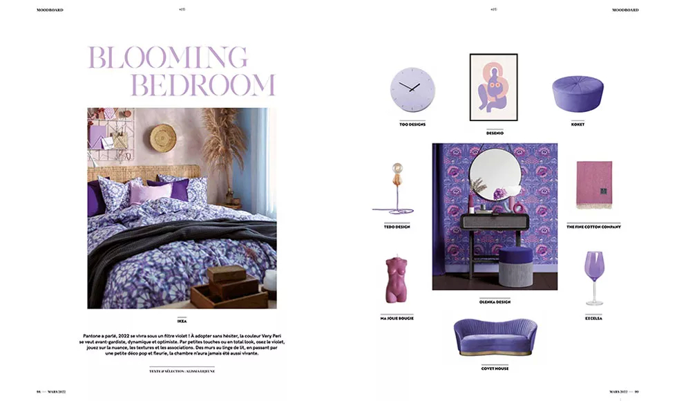 Press clipping from Femmes magazine featuring a Blooming Bedroom mood board with various Koket products.