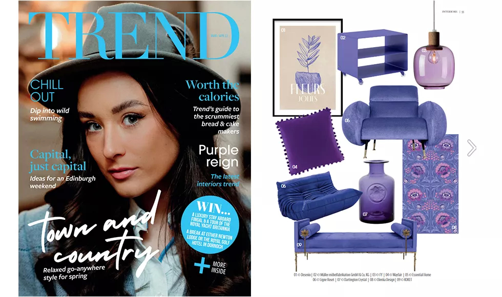 Press clipping from Trend magazine featuring a Purple Reign interior trend spread with a Privê Daybed.
