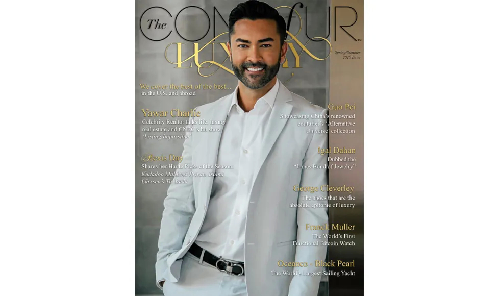The cover of The Contour of Luxury magazine features a smiling man in a light suit against a dark background.