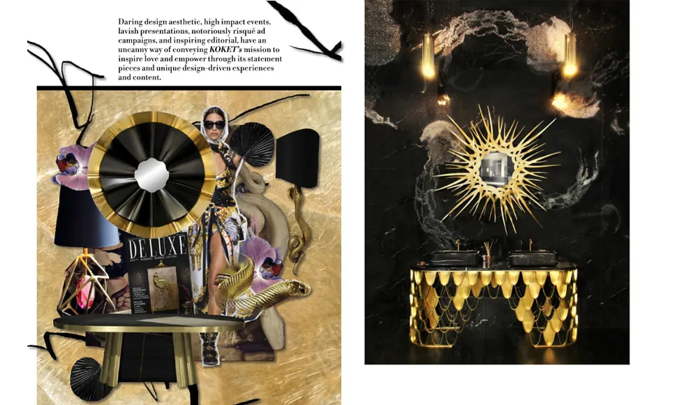 Magazine spread from The Contour of Luxury, featuring Koket's Ribbon Dining Table and a luxurious bathroom.